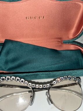 Gucci Crystal-Trim Silver Glasses with Teal Case